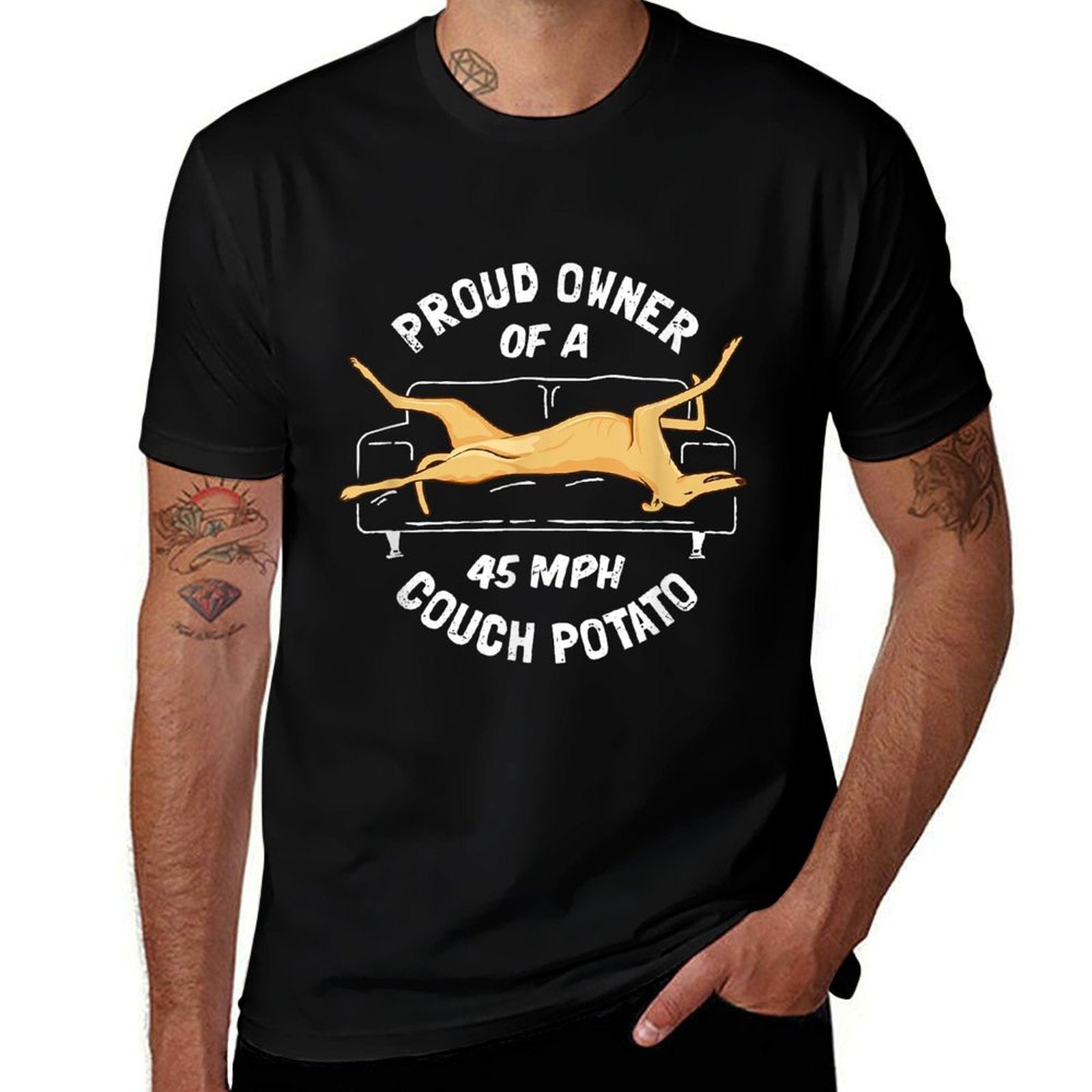 Greyhound Rescue - Proud Owner 45MPH Couch Potato  Cotton T-Shirt