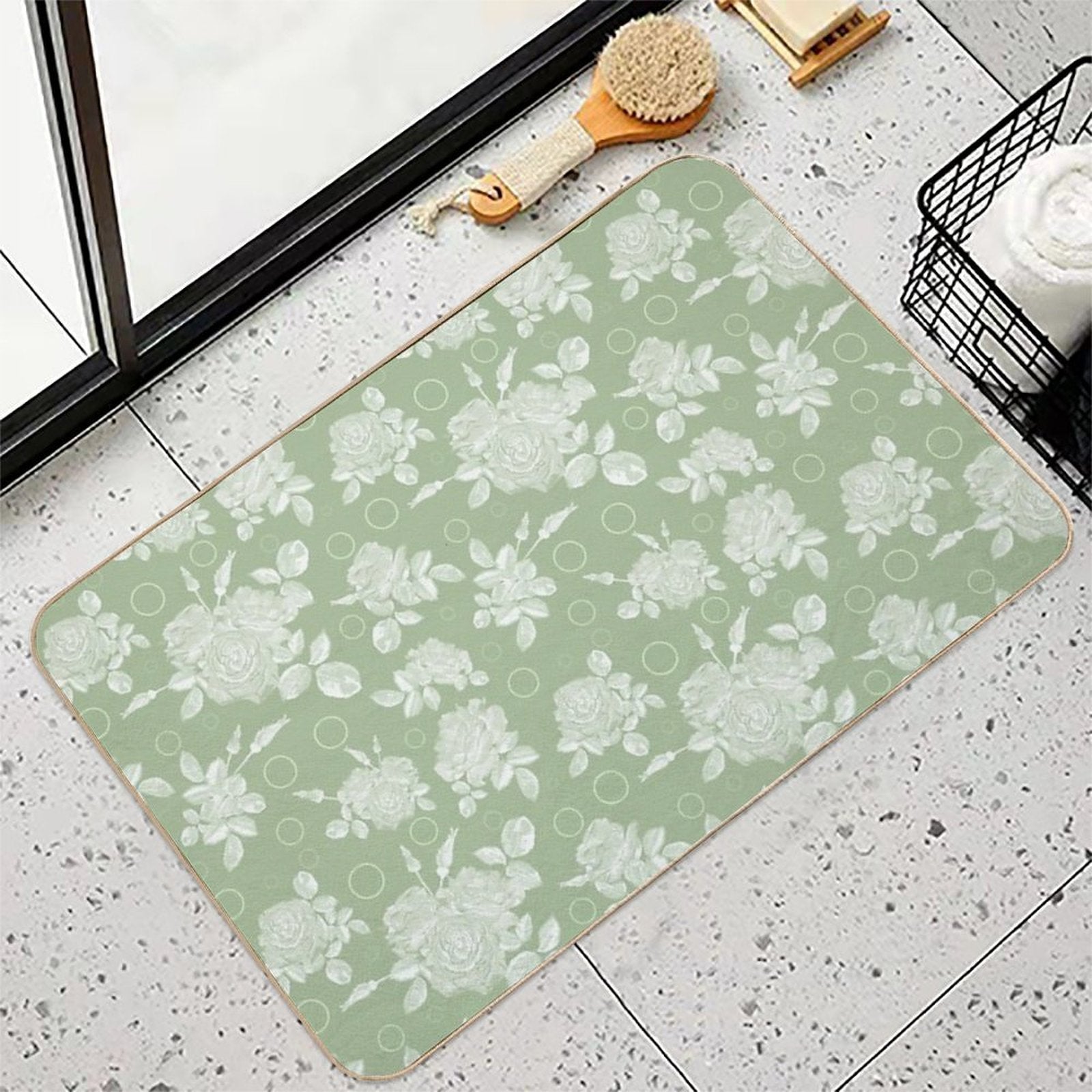 Bouquet of Roses on A Bright Green Retro Background  Stain-Proof Bath Mat