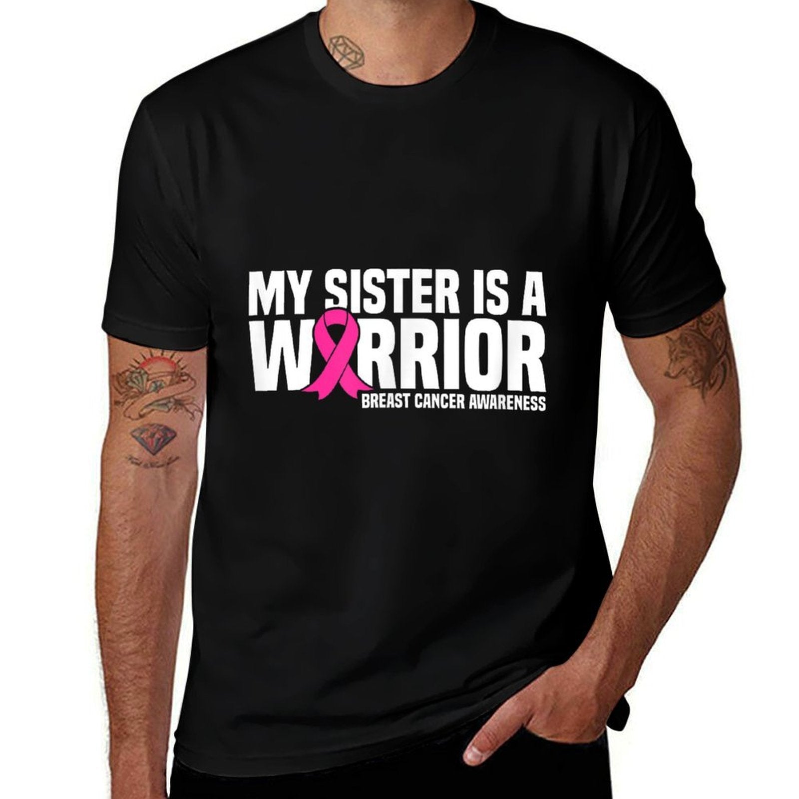 My Sister Is A Warrior Pink Ribbon Breast Cancer Awareness  Rolled Sleeves T-Shirt