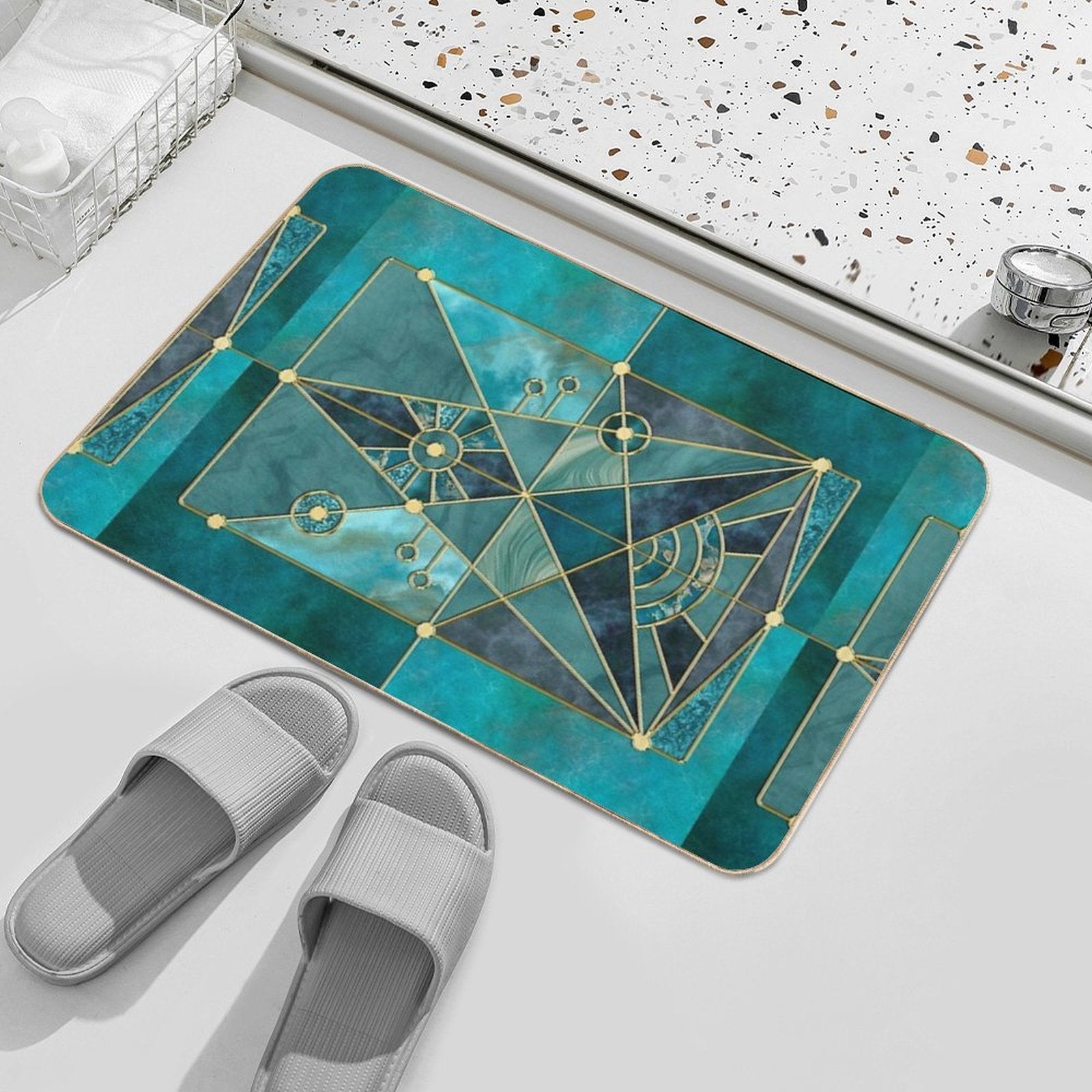 Stained Glass Watercolor Marble Mineral Design Turquoise Teal Gold  Eco-Friendly Bath Mat