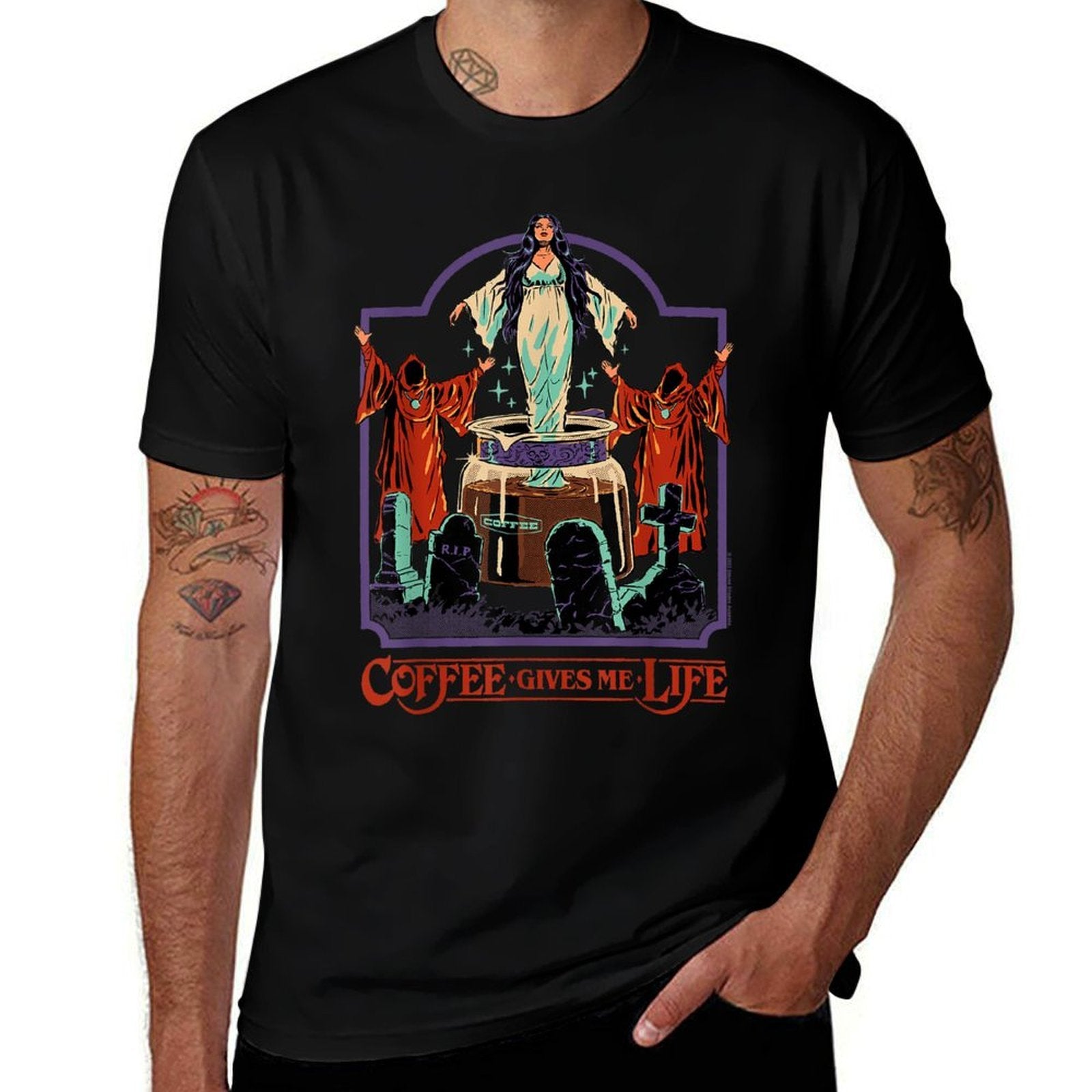 Coffee Gives Me Life Occult Retro Vintage Funny Adult Humor  Slim-fit Cut T-Shirt