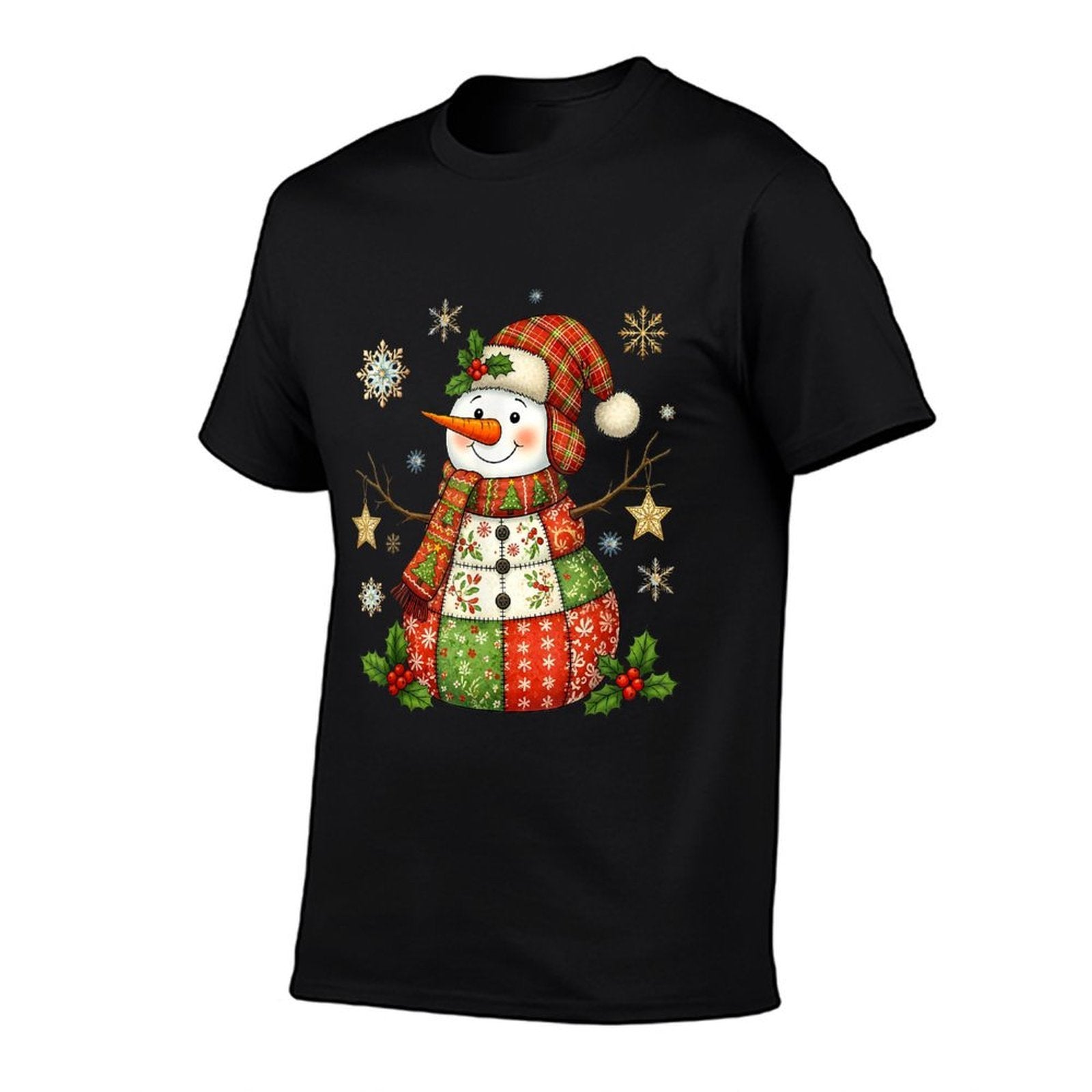 Snow Man Quilt Christmas Pajama Funny Family  High-quality Stitching T-Shirt