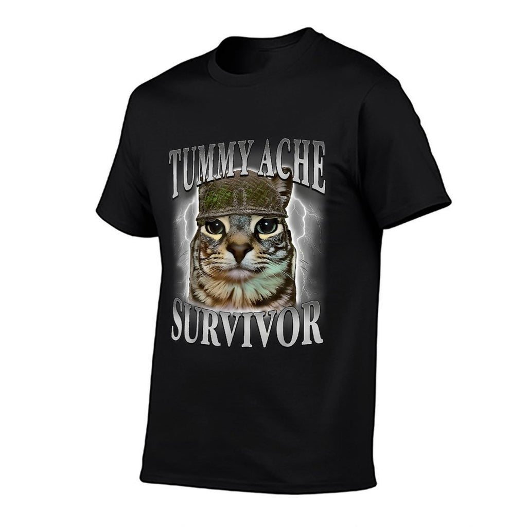 Tummy Ache Survivor Cat Meme Funny Saying Cats Animals  Polyester Blend T-Shirt
