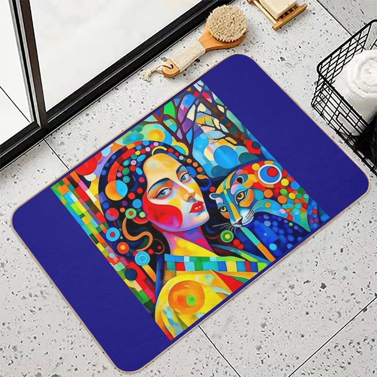 A Woman And A Leopard.  Fade-Resistant Bath Mat