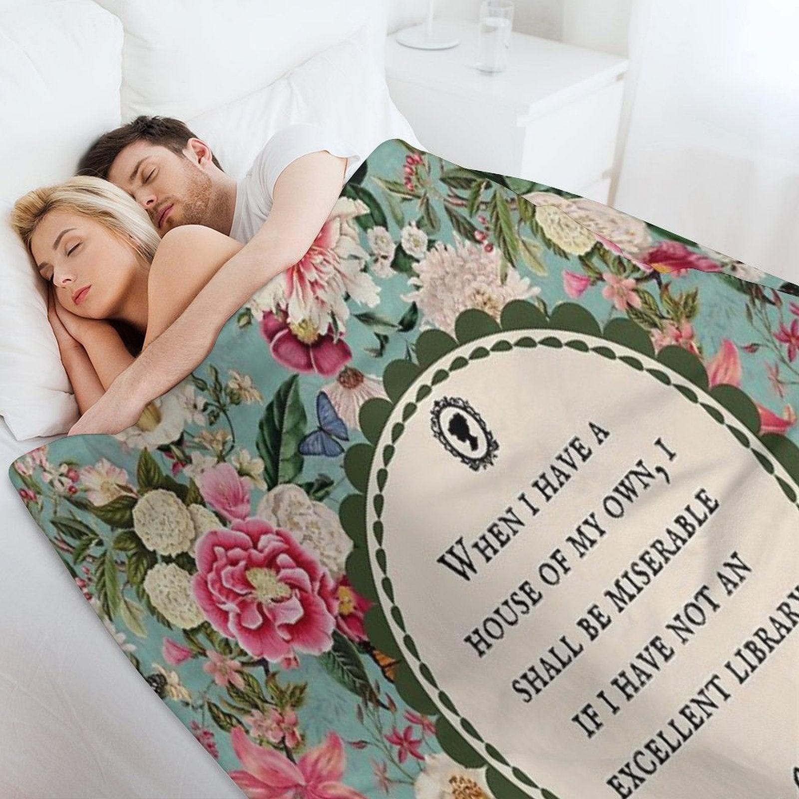 Jane Austen Library Quote, Literary, Bookish, Book Lover, Vintage Floral Flowers Multi-functional Throw Blanket