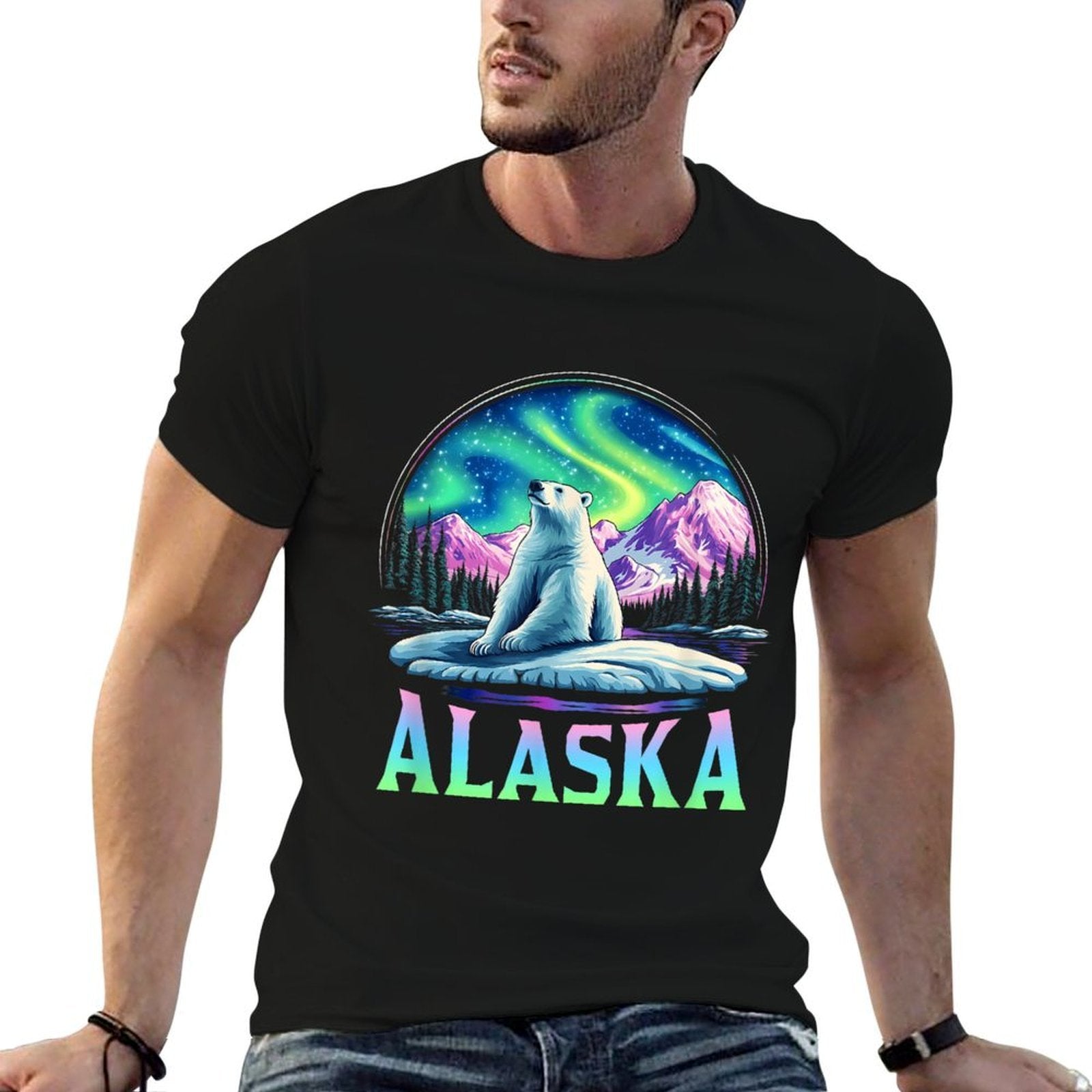 Alaska Northern Lights Aurora Viewing Bear Vacation Trip  Heathered Texture T-Shirt