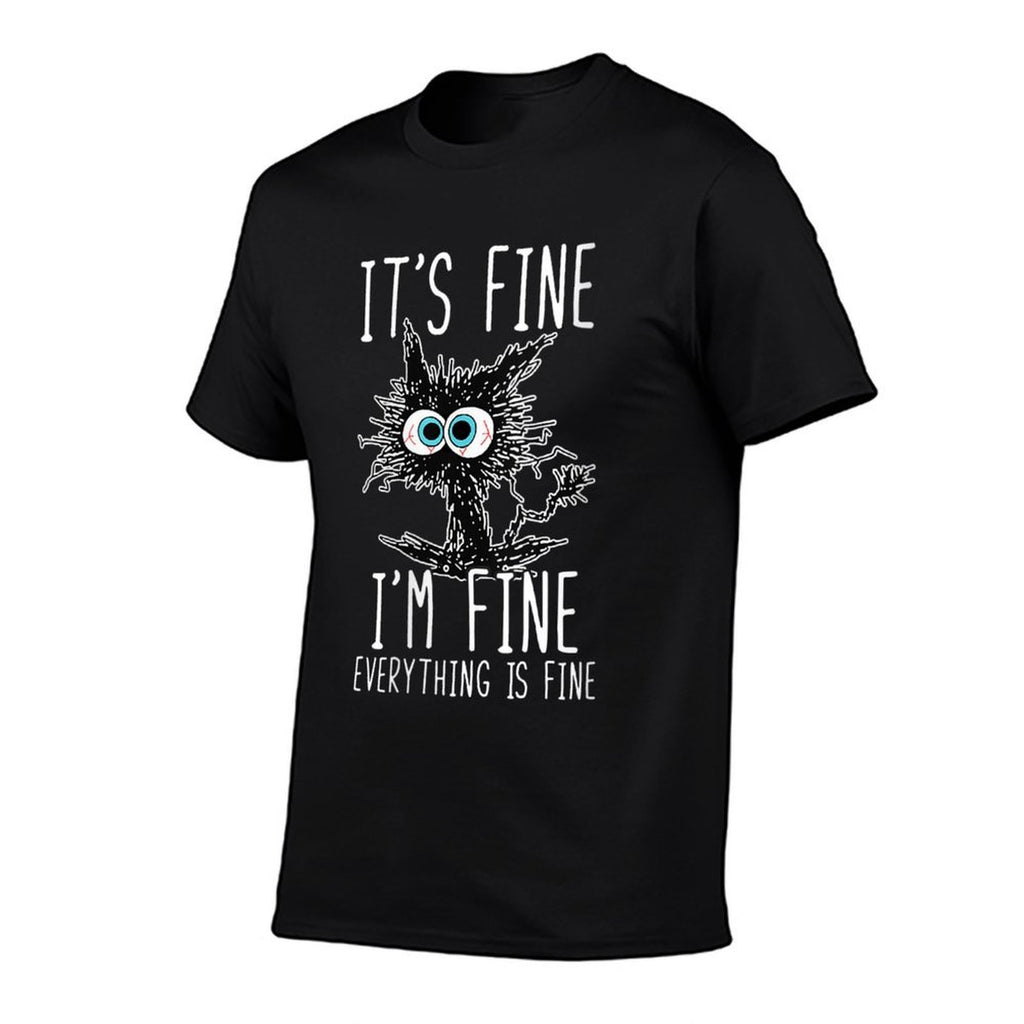 Womens Its Fine Im Fine Everything Is Fine Funny Black Cat  Rolled Sleeves T-Shirt