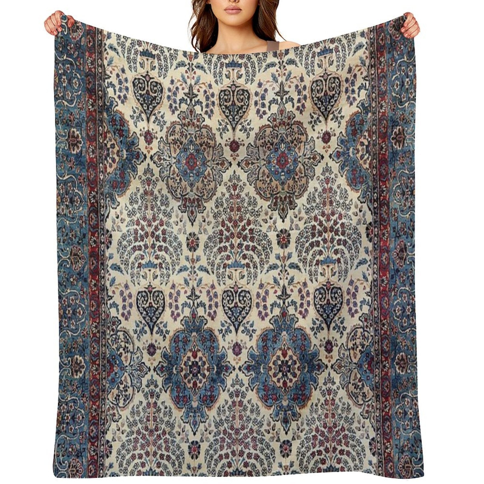 South Persian Rug Old Century Authentic Colorful Blue Tan Pinks Vintage Patterns Plush Throw Blanket