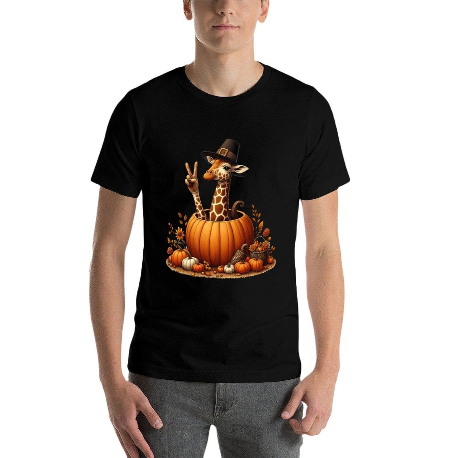 Autumn Pumpkin Fall Giraffe Thanksgiving Womens Mens Kids  Eco-friendly Material T-Shirt