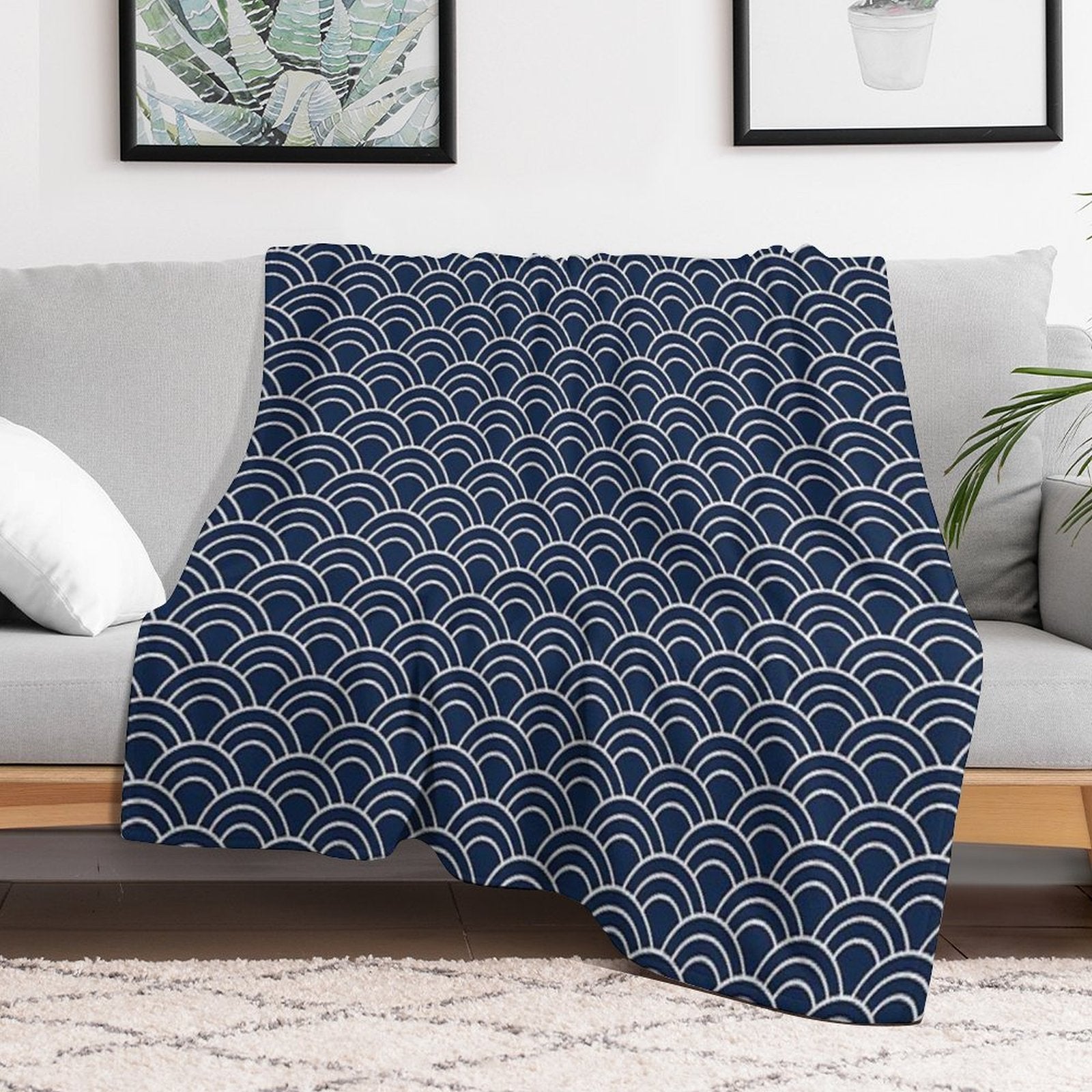 Traditional Japanese Pattern, Seigaiha Waves, Minimalist Style, Japanese Art, Geometric Patterns, Navy Blue Velvety-soft Throw Blanket