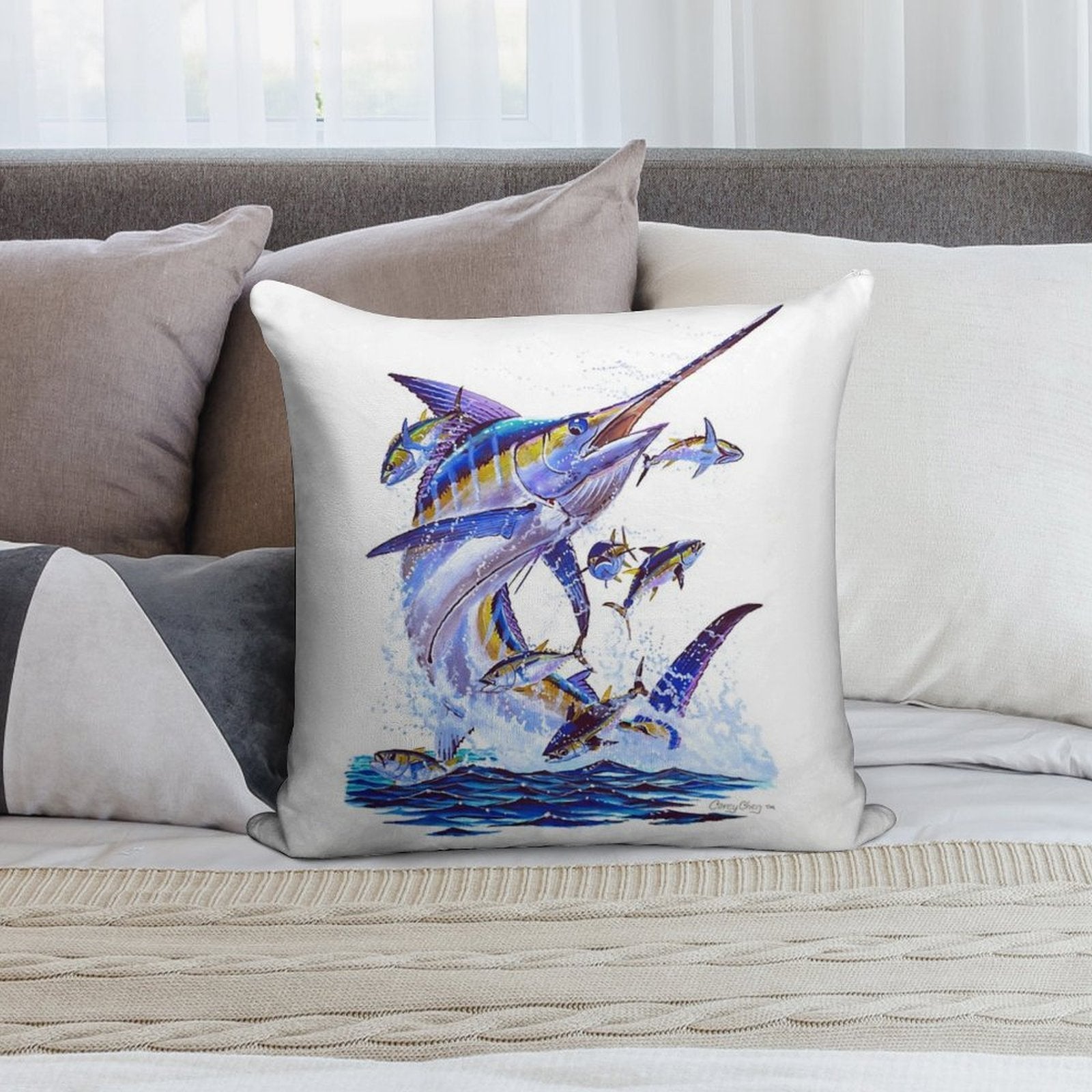 Blue Marlin And Tunas Soft Fade-Resistant Throw Pillow