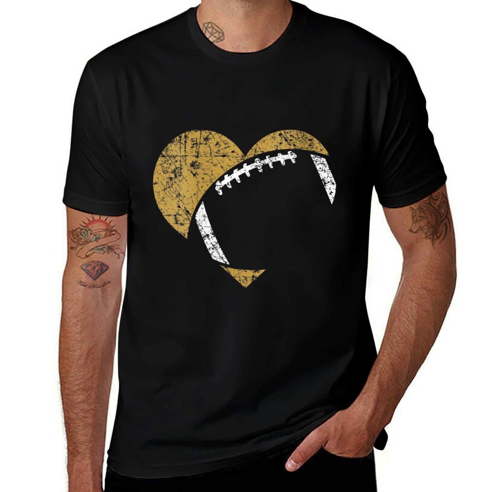Womens Football Heart Cutout Gold White Team Game Gift  Heathered Texture T-Shirt
