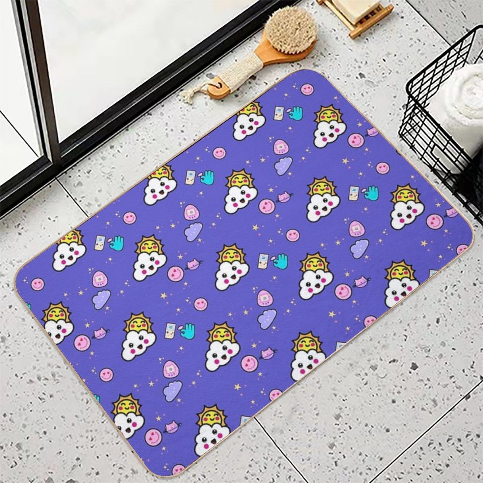 Kawaii Seamless Pattern Bath Mat, Cute Kawaii Retro Graphic  Multi-Purpose Bath Mat