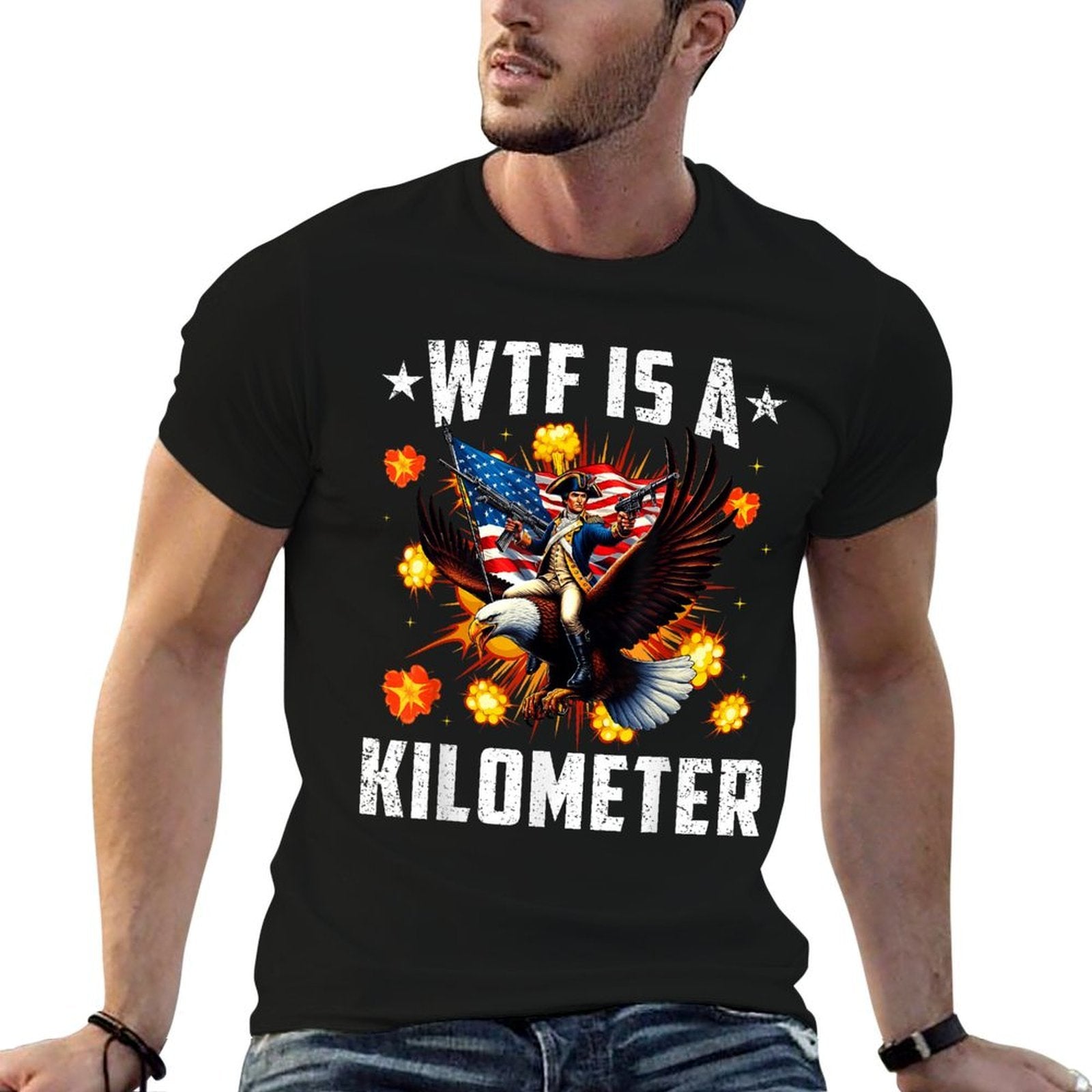 Retro WTF Is A Kilometer Funny Patriotic American Freedom  Slim-fit Cut T-Shirt