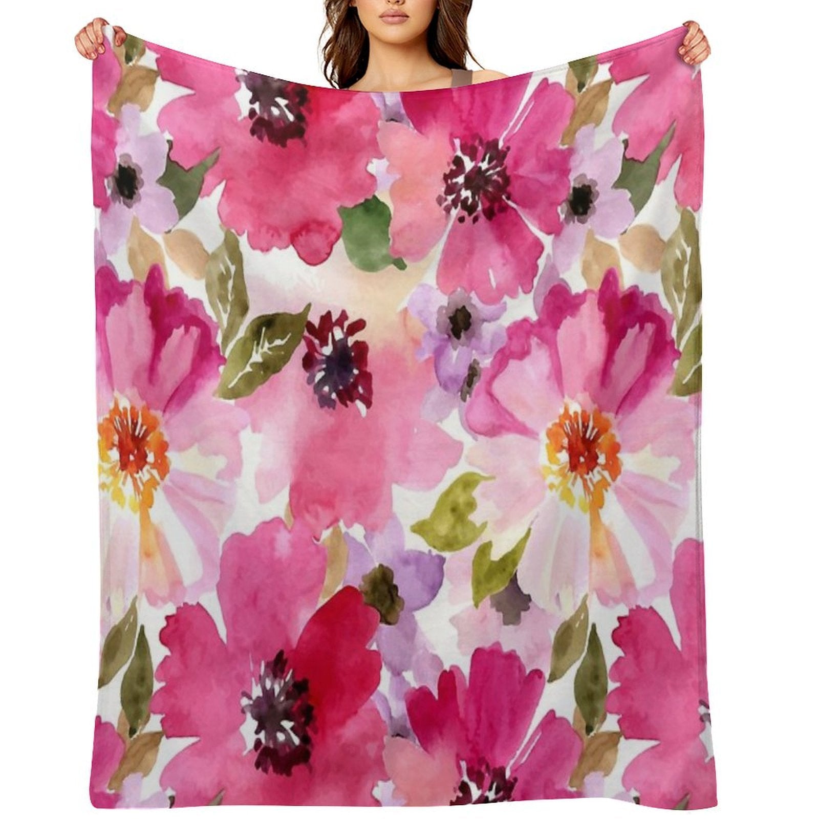 Watercolor Flowers Pink Fuchsia Eco-conscious Throw Blanket