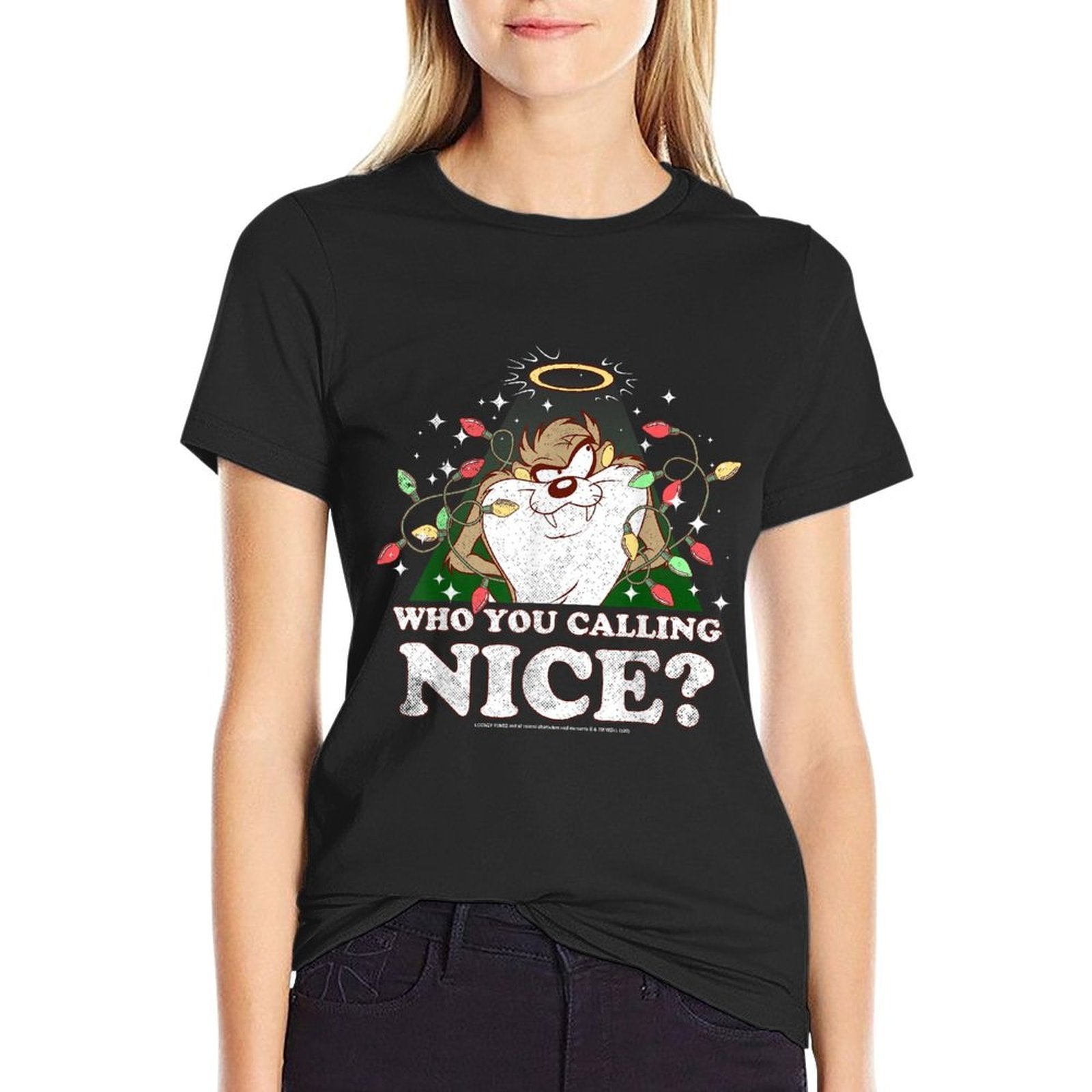 Looney Tunes Christmas Taz Who You Calling Nice  Rolled Sleeves T-Shirt