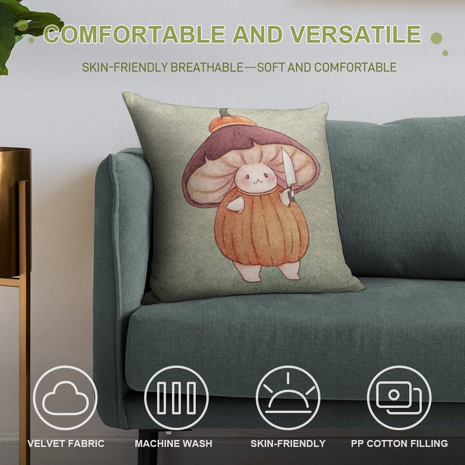 Pumpkin Halloween Mushroom Costume Soft Easy Maintenance Throw Pillow