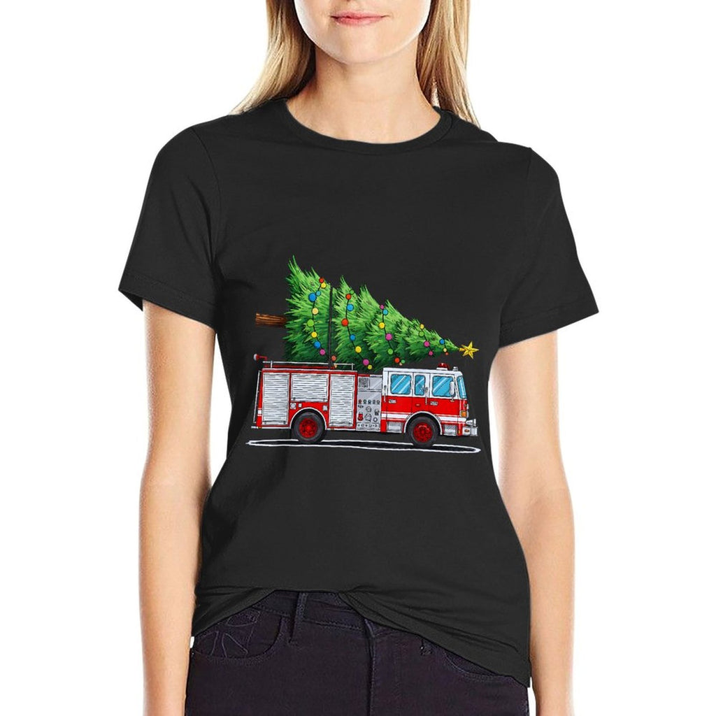 Fire Truck Christmas Tree Xmas Lights Firefighter Holiday  Oversized Silhouette T-Shirt