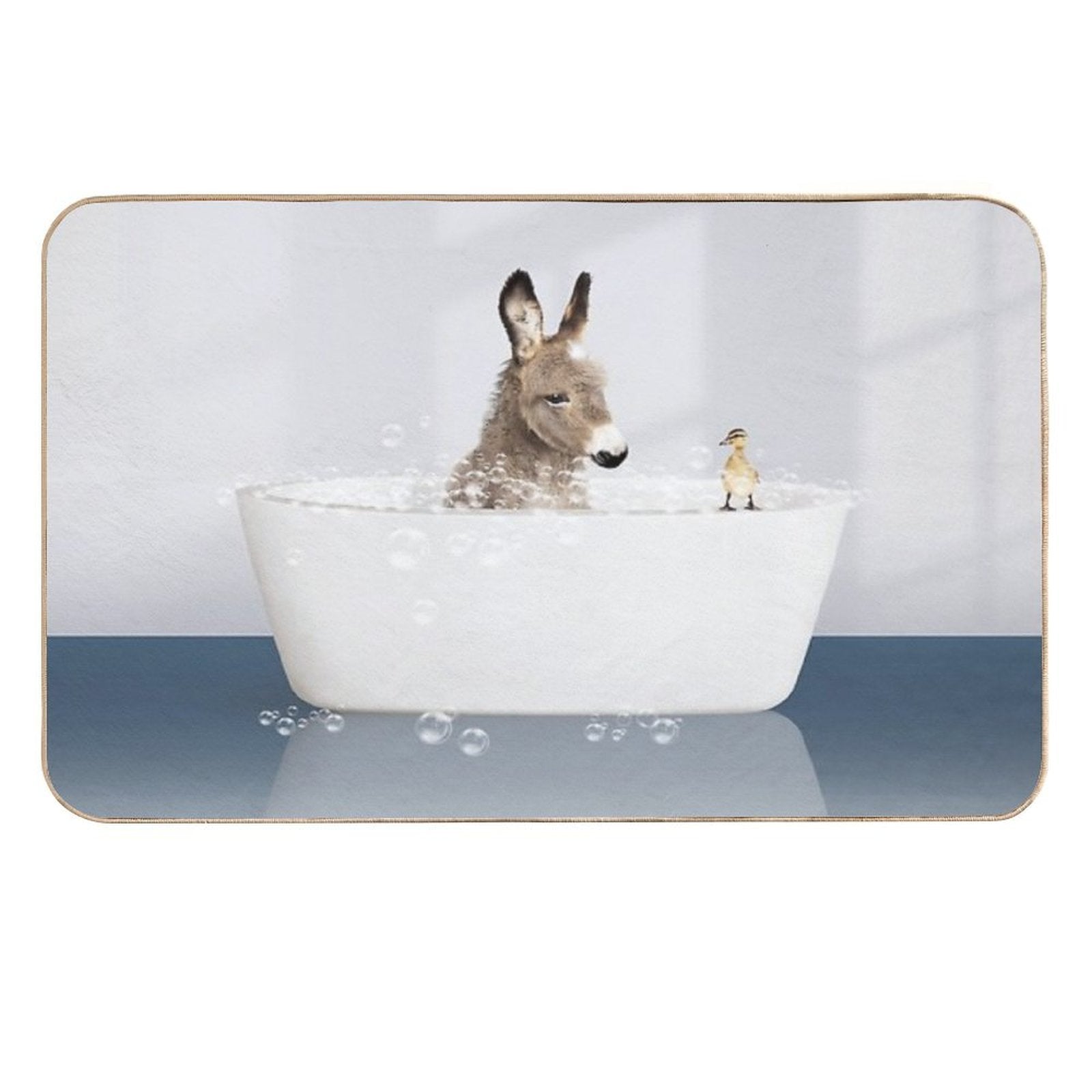 Baby Donkey And Duckling in Modern Bathtub Blue Print, Donkey Bathing, Animals in Bathtub Art by Synplus  Eco-Friendly Bath Mat