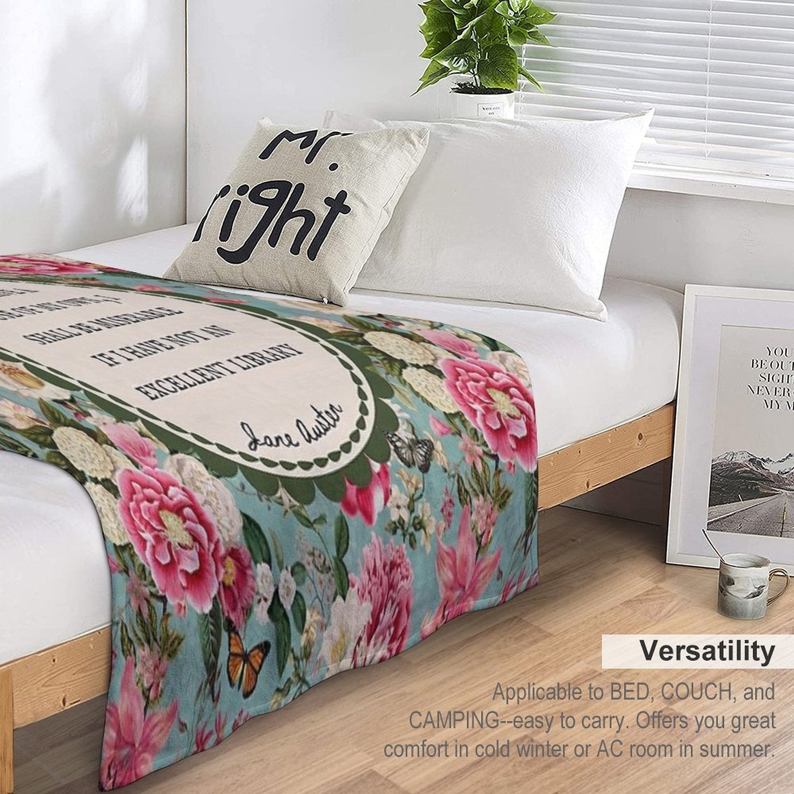 Jane Austen Library Quote, Literary, Bookish, Book Lover, Vintage Floral Flowers Multi-functional Throw Blanket