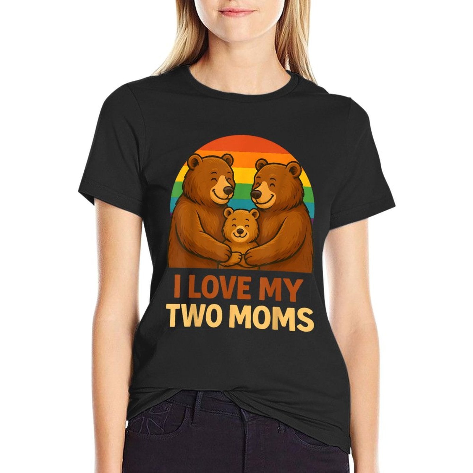 I Love My Two Moms Retro Mama Bear LGBTQ Pride Month Kids  Stretchy T-Shirt