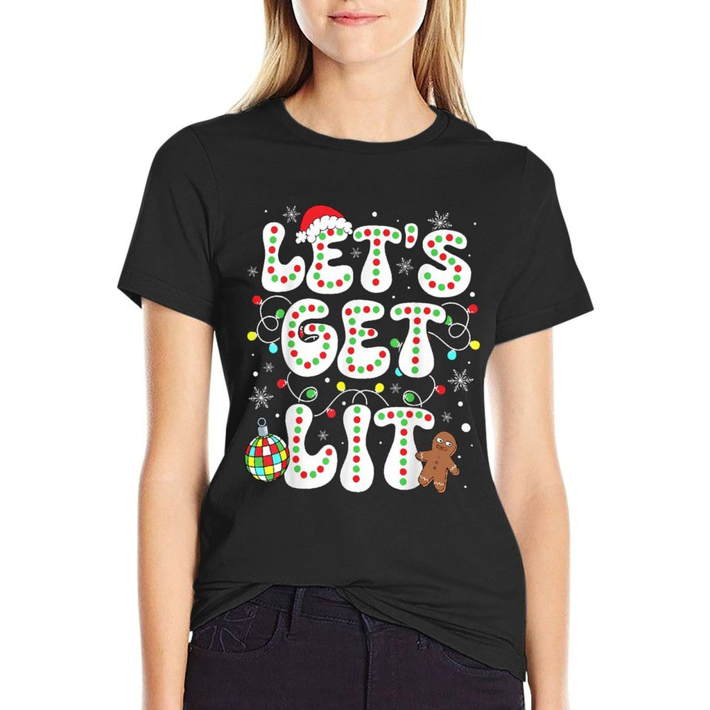 Lets Get Lit Funny Christmas Lights Xmas Pajamas Holiday  Rolled Sleeves T-Shirt