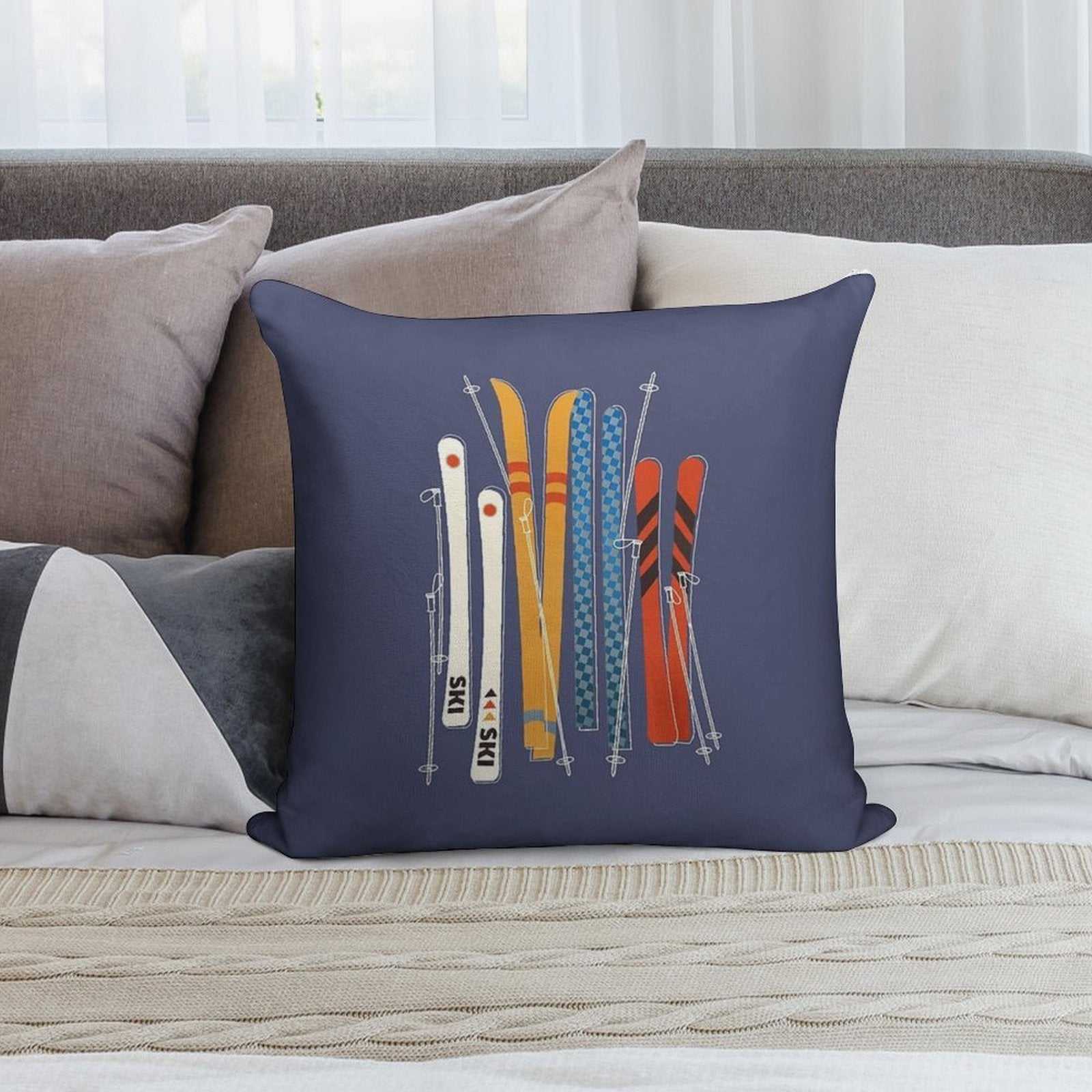 Retro Colorful Skis Soft Style Accent Throw Pillow