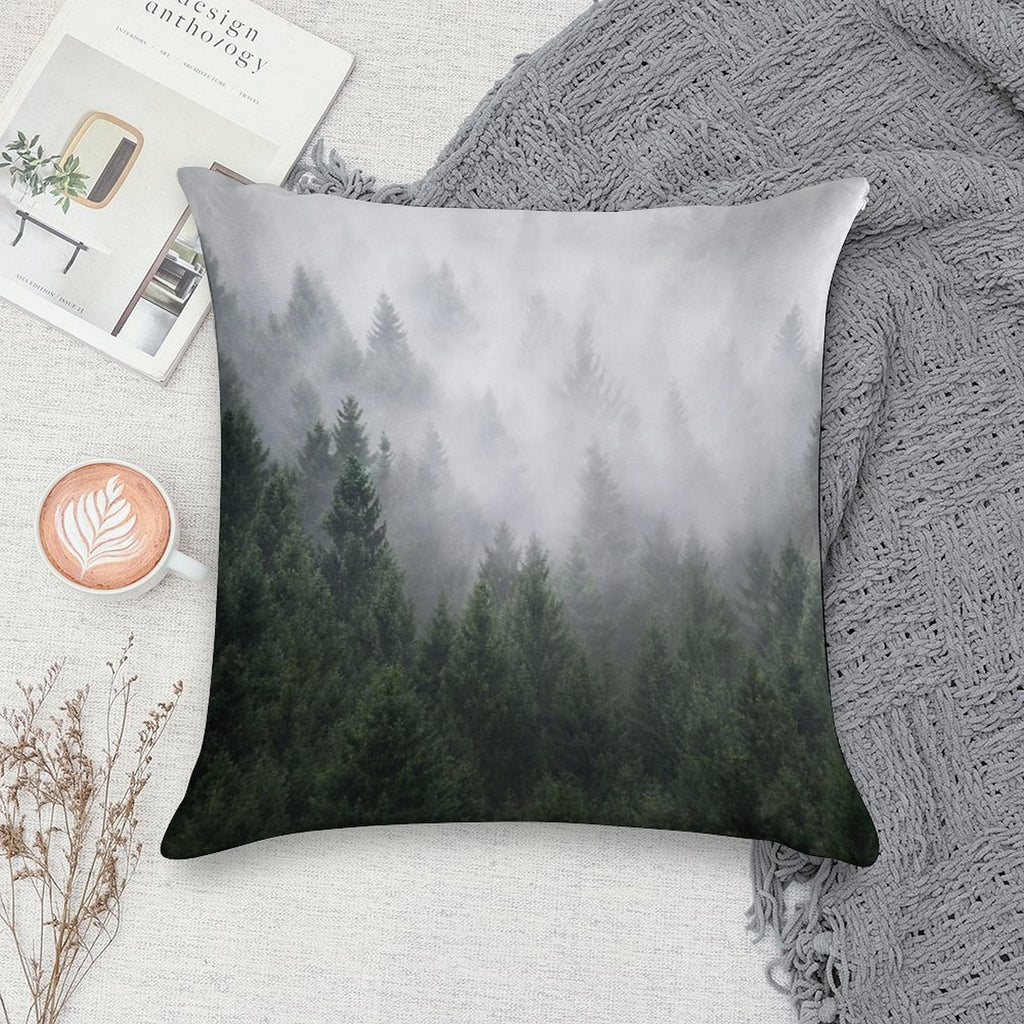 Home Is A Feeling   Misty Retro Fall Wilderness Fairytale Evergreen Forest With Trees Covered In Magic Fog Season Soft Home Decor Throw Pillow