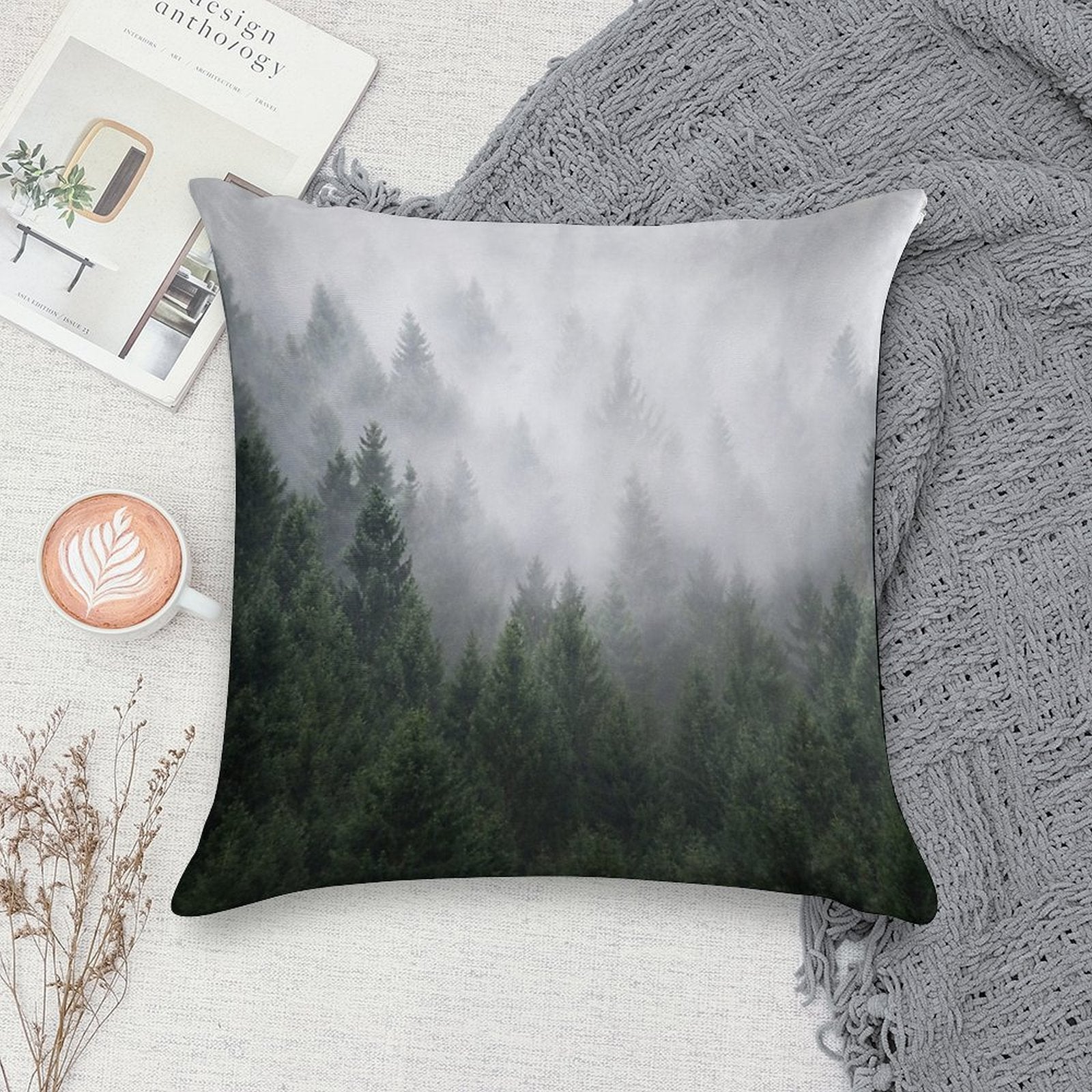 Home Is A Feeling   Misty Retro Fall Wilderness Fairytale Evergreen Forest With Trees Covered In Magic Fog Season Soft Home Decor Throw Pillow