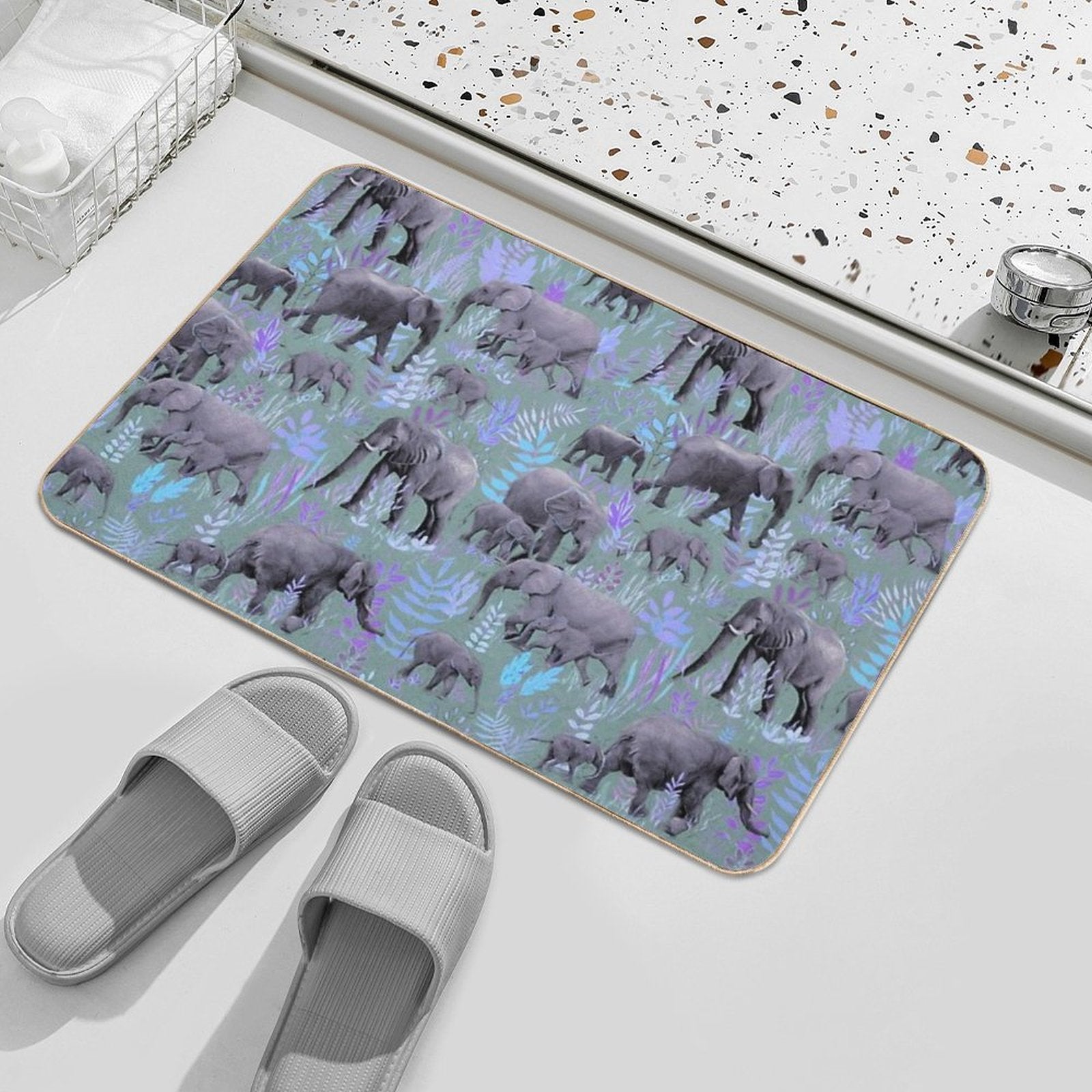 Sweet Elephants in Purple And Grey  Easy To Clean Bath Mat