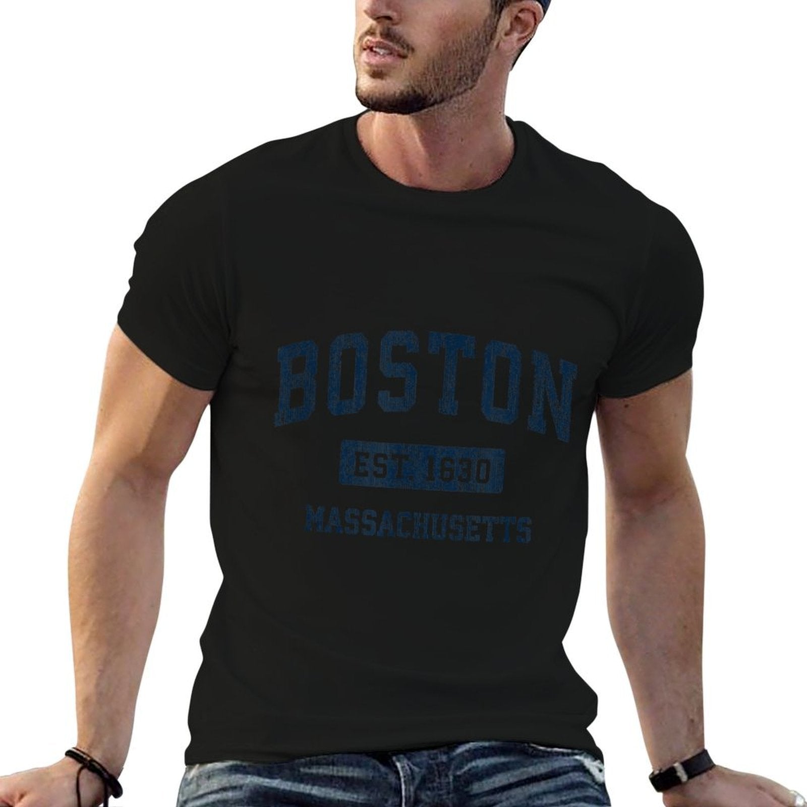 Boston Massachusetts MA Vintage Sports Design Navy  Oversized Silhouette T-Shirt