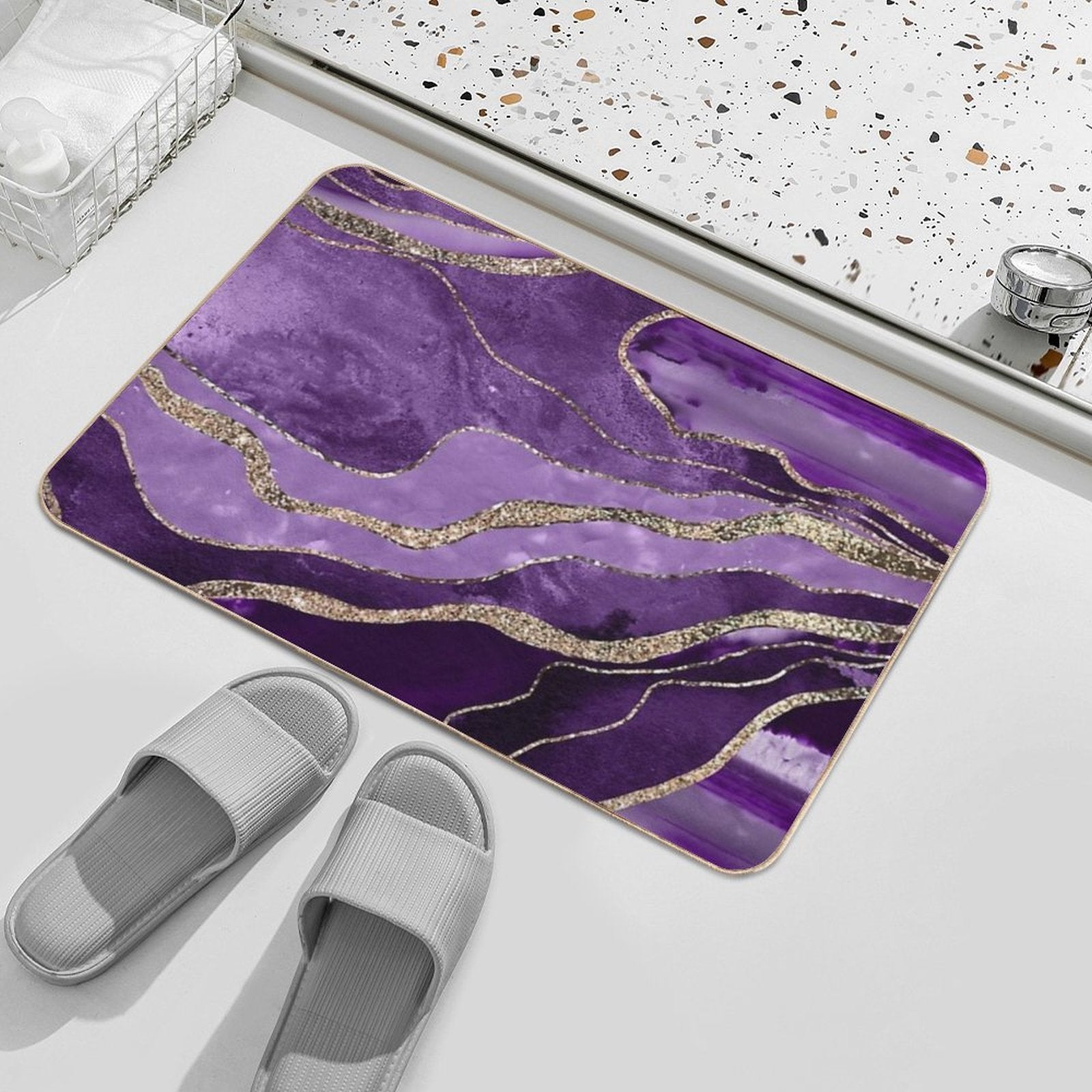 Purple Marble Agate Gold Glam #1 (Photo of Glitter Only - Not Reflective)  Easy To Clean Bath Mat