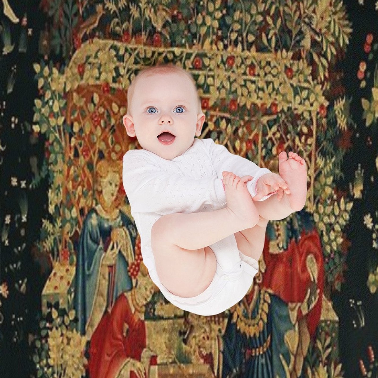 FALCONS BATH Red Blue Antique Medieval Tapestry,Court Figures,Birds, Flowers ,Rose Trellis Gift-ready Throw Blanket