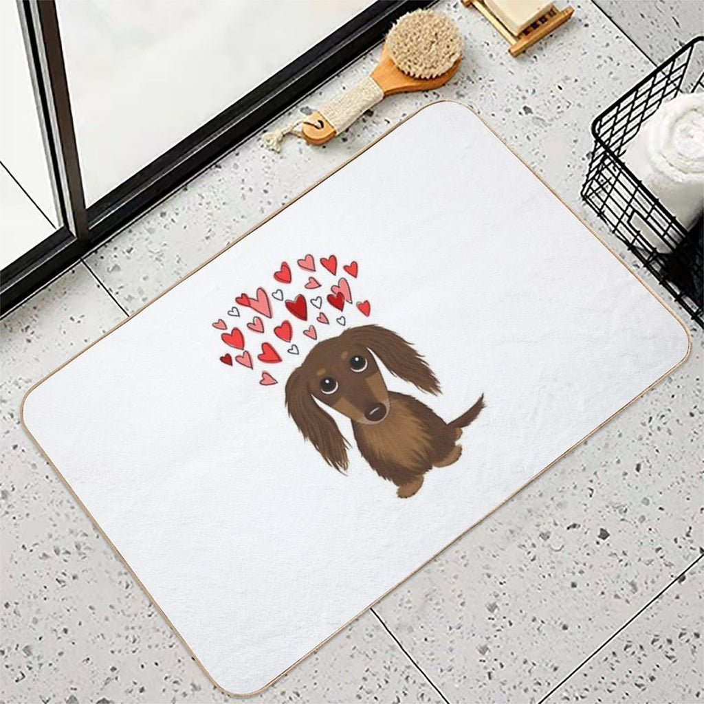 Hearts Dog Longhaired Chocolate Dachshund Cartoon Dog with Valentine Hearts  Non-Slip Bath Mat