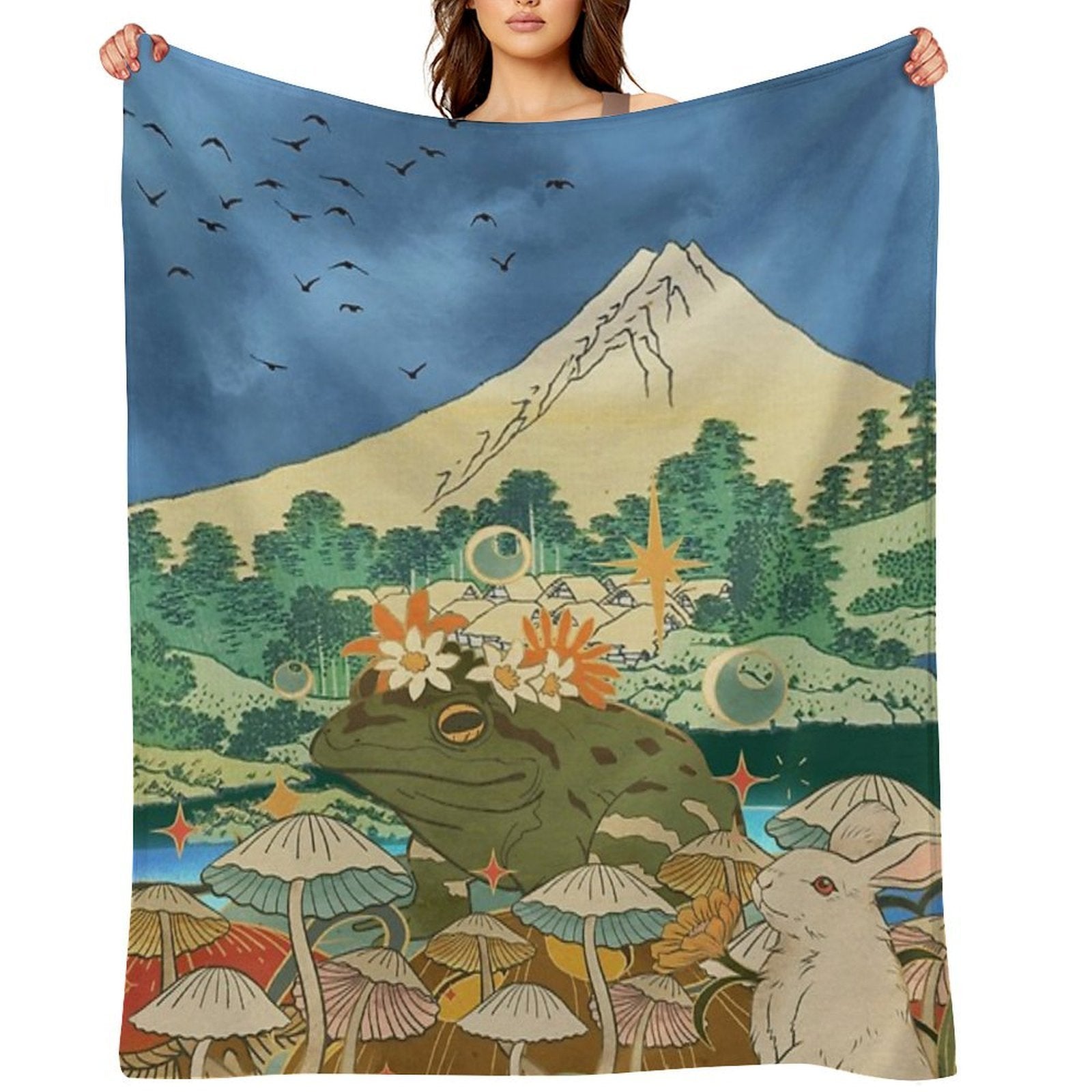 Mystic Fuji Frog And Rabbit in A Dreamscape Premium Throw Blanket