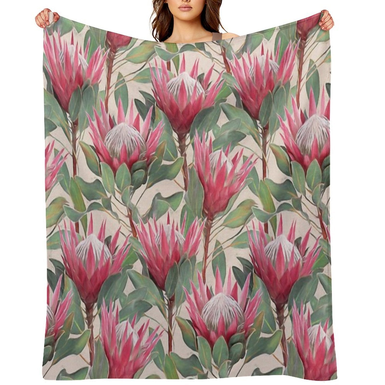 Painted King Proteas on Cream Machine-washable Throw Blanket