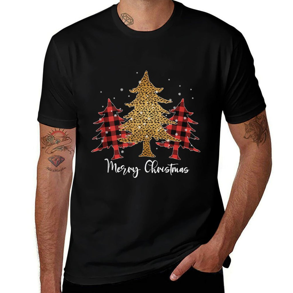 Merry Christmas for Women Leopard Plaid Tree  Stretchy T-Shirt