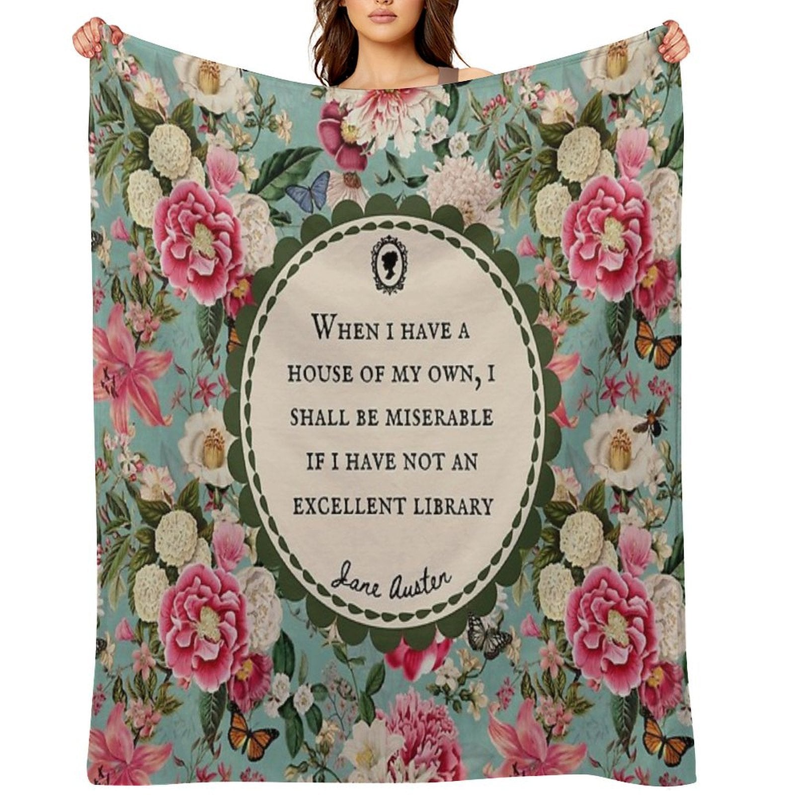 Jane Austen Library Quote, Literary, Bookish, Book Lover, Vintage Floral Flowers Multi-functional Throw Blanket